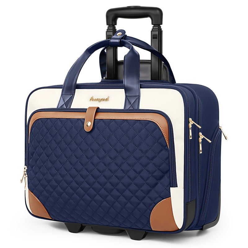 Arcoyard Rolling Laptop Bag, Rolling Briefcase for Women with Waterproof Pocket, 16 Inch Computer Bag, Underseat Carry On Luggage with Wheels for Work Travel Business, Lightweight Navy Blue Brown - Image 1