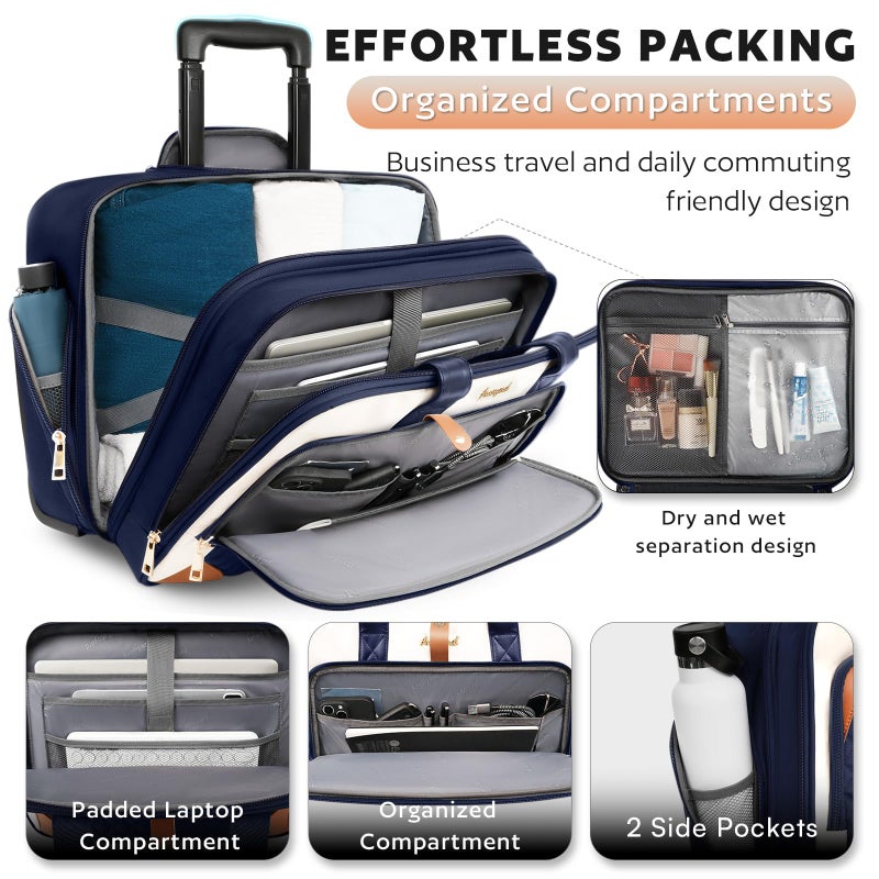 Arcoyard Rolling Laptop Bag, Rolling Briefcase for Women with Waterproof Pocket, 16 Inch Computer Bag, Underseat Carry On Luggage with Wheels for Work Travel Business, Lightweight Navy Blue Brown - Image 3