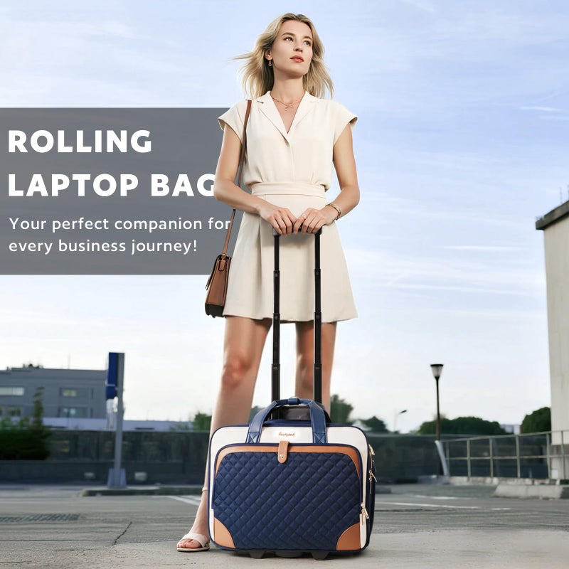 Arcoyard Rolling Laptop Bag, Rolling Briefcase for Women with Waterproof Pocket, 16 Inch Computer Bag, Underseat Carry On Luggage with Wheels for Work Travel Business, Lightweight Navy Blue Brown - Image 2