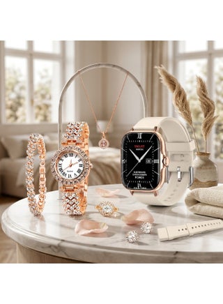Girls Gift Set 7-in-1 Gold Women Smartwatch Jewelry Gift Set – 2.02" Bluetooth Calling Smart Watch with Dual Straps, Artificial Diamond Ring, Bracelet, Earrings & Necklace Combo - view 3