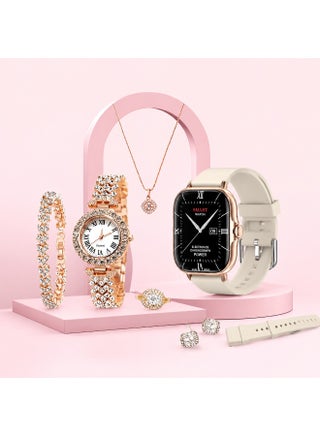 Girls Gift Set 7-in-1 Gold Women Smartwatch Jewelry Gift Set – 2.02" Bluetooth Calling Smart Watch with Dual Straps, Artificial Diamond Ring, Bracelet, Earrings & Necklace Combo - view 5