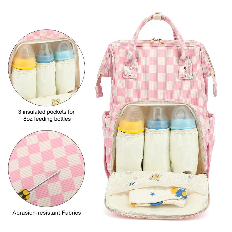 Dezcrab Baby Diaper Bag Backpack for Mom, Large Capacity Travel Nappy Bag for Boys & Girls with Stroller Straps (Corduroy Checkered Pink) - Image 3
