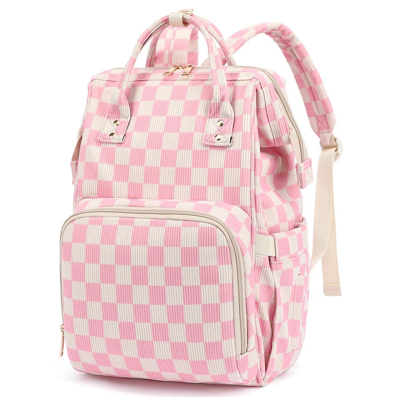 Dezcrab Baby Diaper Bag Backpack for Mom, Large Capacity Travel Nappy Bag for Boys & Girls with Stroller Straps (Corduroy Checkered Pink) - Image 1