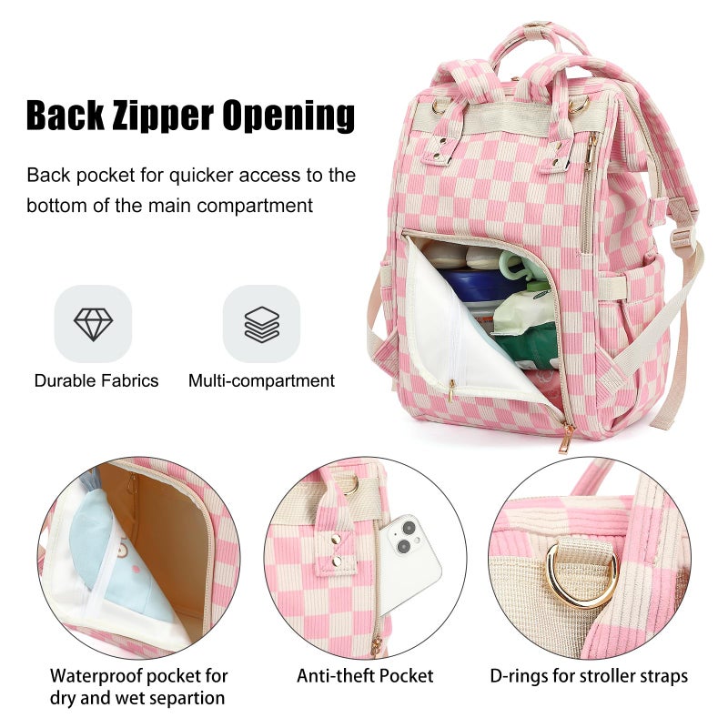 Dezcrab Baby Diaper Bag Backpack for Mom, Large Capacity Travel Nappy Bag for Boys & Girls with Stroller Straps (Corduroy Checkered Pink) - Image 4