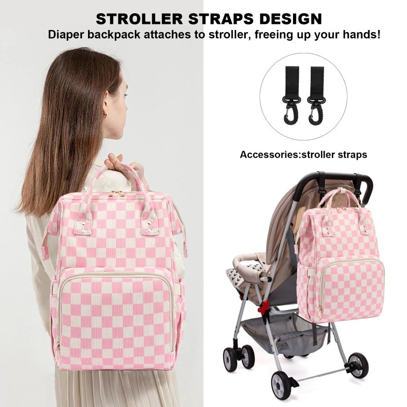 Dezcrab Baby Diaper Bag Backpack for Mom, Large Capacity Travel Nappy Bag for Boys & Girls with Stroller Straps (Corduroy Checkered Pink) - Image 2