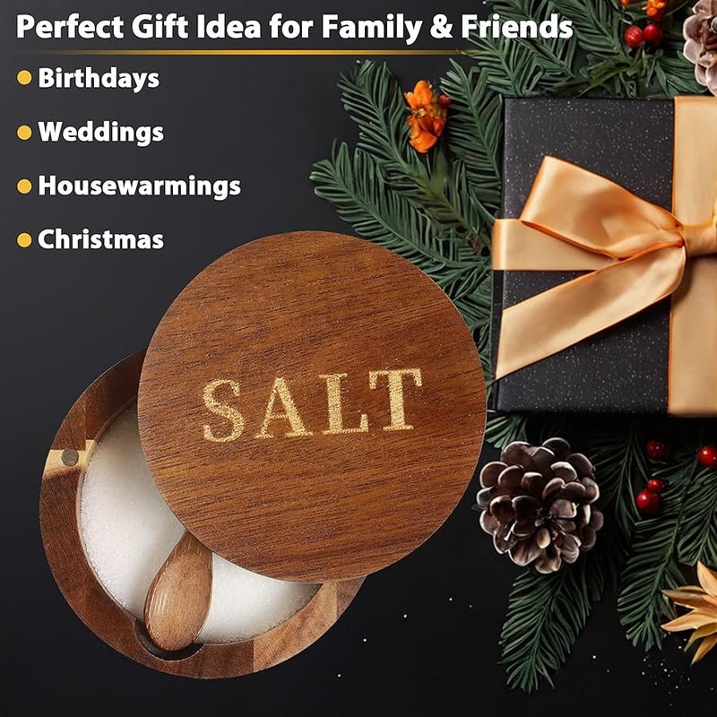 Salt Cellar, Acacia Wood Salt Container with Built-in Spoon & Swivel Lid, Engraved SALT Box, Salt Holder Bowl for Countertop Seasoning Storage - Image 5