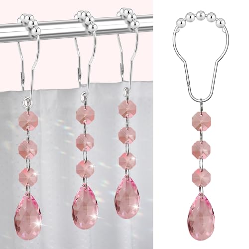 Yapicoco Shower Curtain Hooks Rings for Bathroom, 12PCS Gemstone Crystal Bead Water Drop Stainless Steel Rust Resistant Clear Shower Curtain Rings (Pink) - Image 1