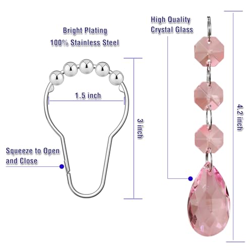 Yapicoco Shower Curtain Hooks Rings for Bathroom, 12PCS Gemstone Crystal Bead Water Drop Stainless Steel Rust Resistant Clear Shower Curtain Rings (Pink) - Image 2