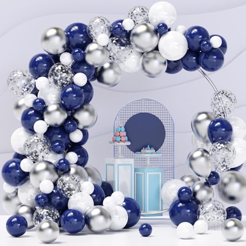 YMSZ Blue Silver Balloons Garland Kit, 120 pcs Navy Blue and Silver Confetti White Balloons Arch for Graduation, Birthday Party, Wedding DIY Decoration - Image 1