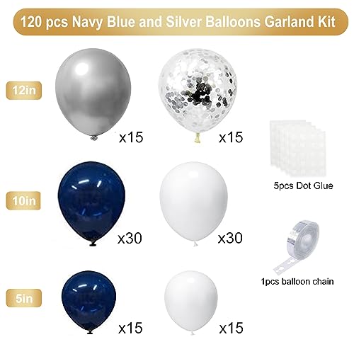 YMSZ Blue Silver Balloons Garland Kit, 120 pcs Navy Blue and Silver Confetti White Balloons Arch for Graduation, Birthday Party, Wedding DIY Decoration - Image 2