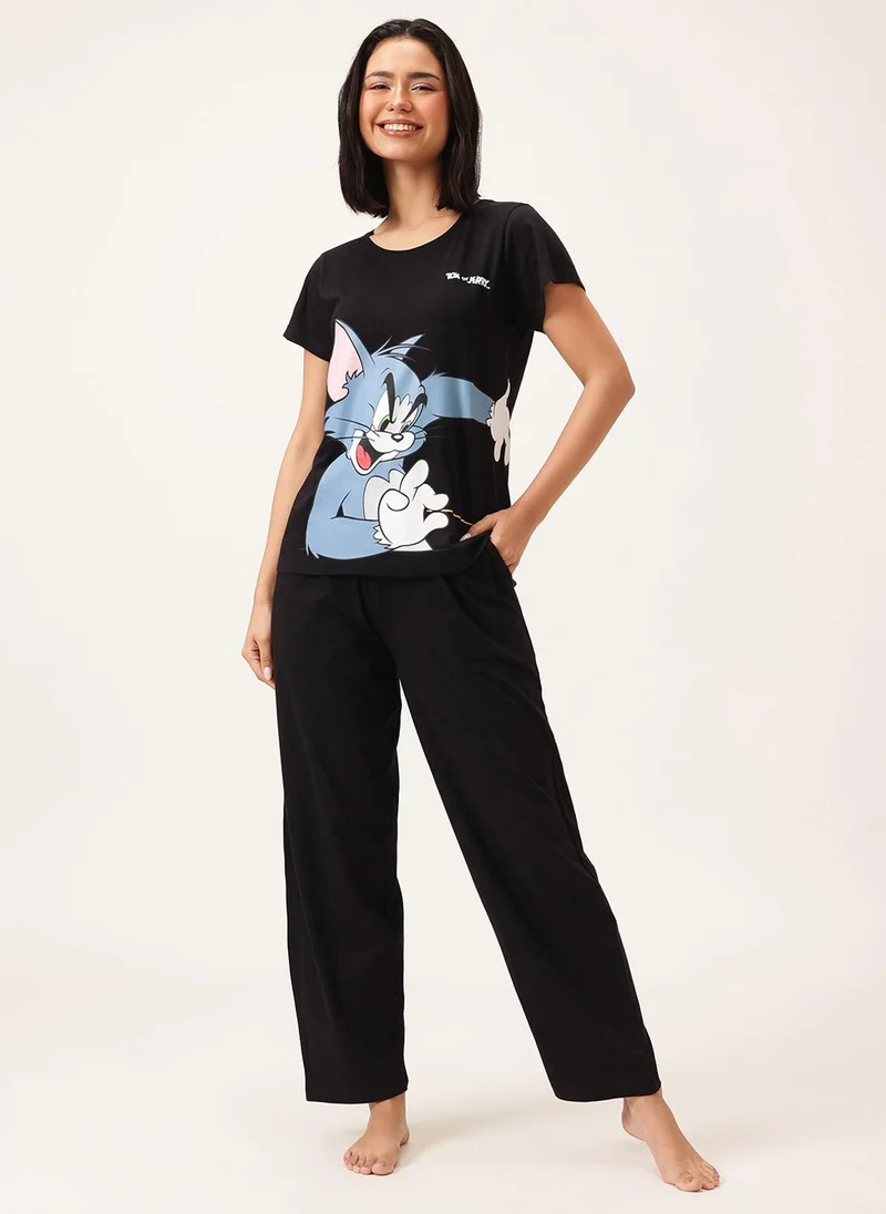 كلوفيا Clovia Tom & Jerry Printed T-shirt & Pyjama in Black Set - 100% Cotton