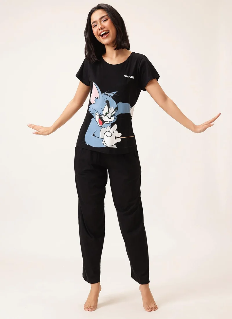 كلوفيا Clovia Tom & Jerry Printed T-shirt & Pyjama in Black Set - 100% Cotton