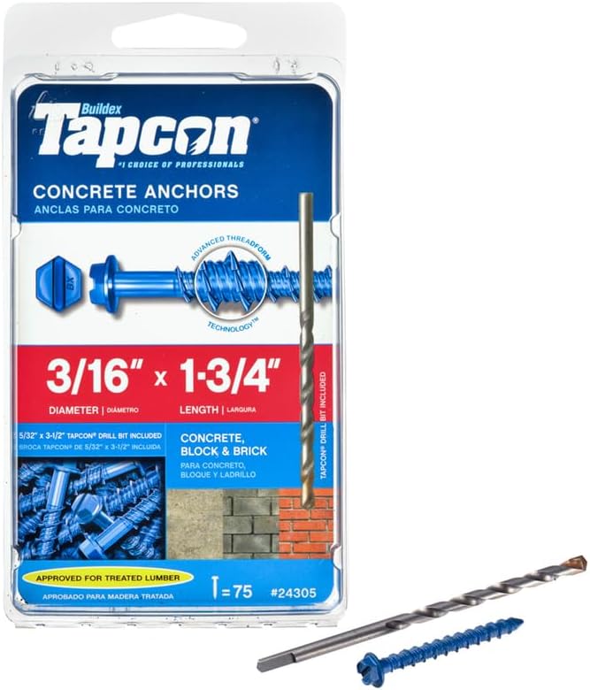 itw Brands 24305 3/16" x 1-3/4" Hex Washer Head Concrete Anchors - Image 1