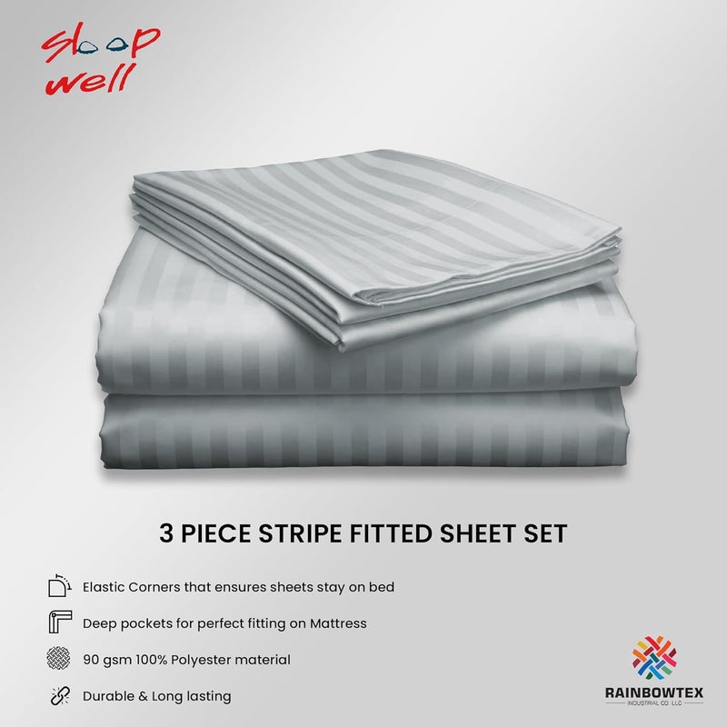 sleep well Microfiber Stripe Fitted Sheet with 2 Pillowcase Set - 150x200+17cm (Silver) - Image 2