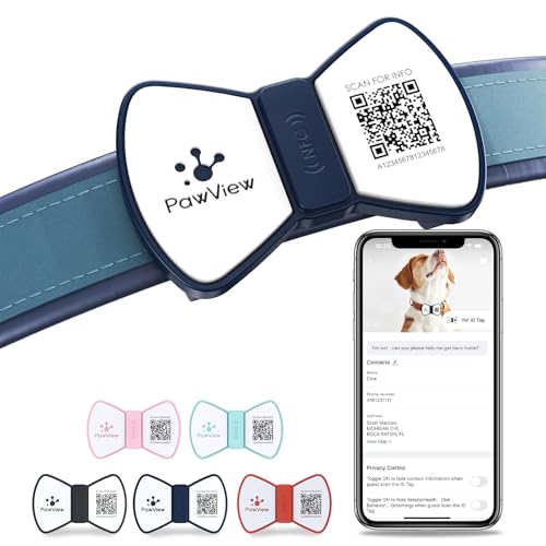 PawView Smart Pet ID Tag, QR Code Dog Tag, No Fee, Waterproof Silent Silicone Pet Name Tag with Instant Scan Location Alert, Stylish Bowtie Great Easter & Spring Accessory for Dog (Navy Blue) - Image 1