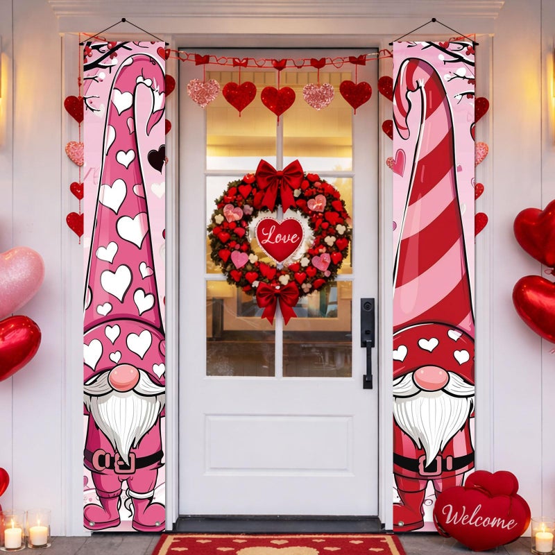 BlissYard Valentine's Day Banner Happy Valentine's Day Gnome Porch Sign Wedding Anniversary Holiday Party Decoration 71x12 Inches Holiday Front Door Sign Hanging Party Decoration - Image 2