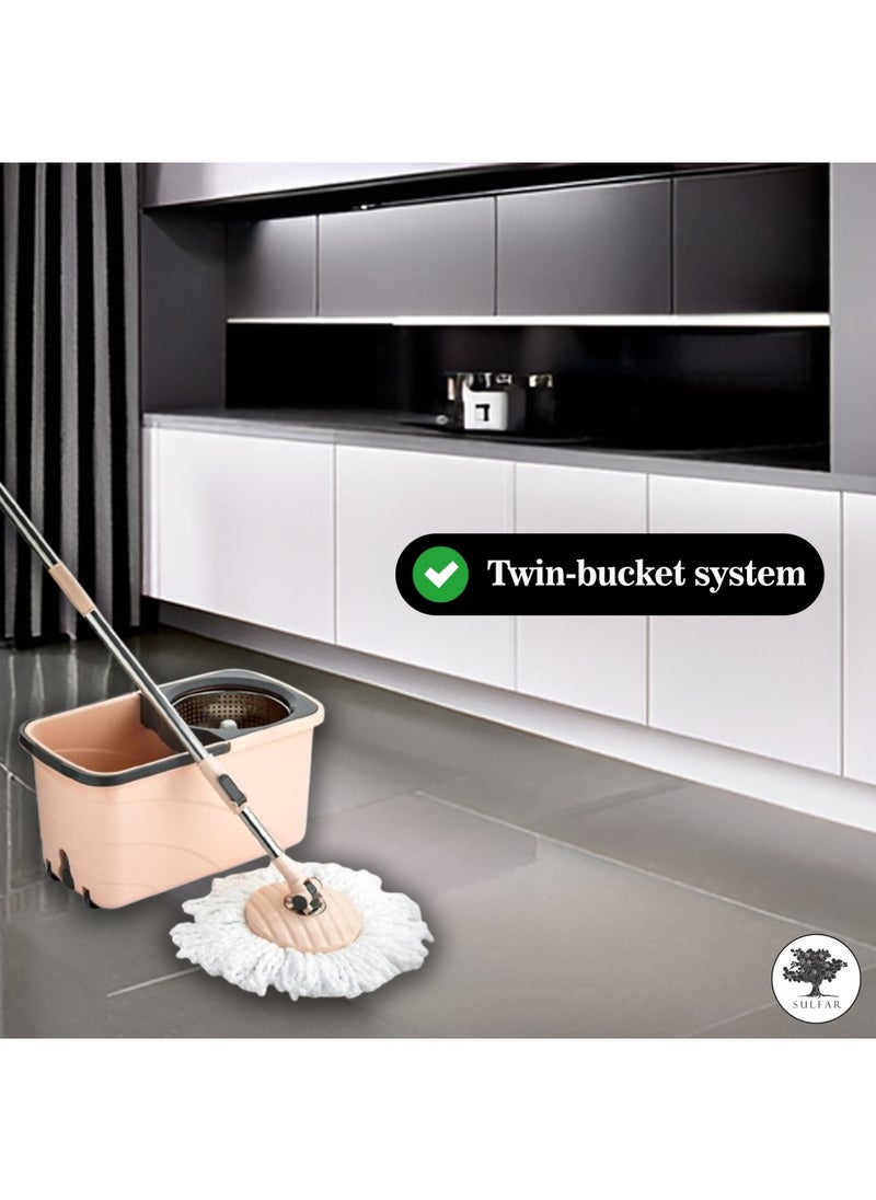 Sulfar Spin Bucket Mop Set with Steel Wringer and Auto-fold Handle, Peach, (1 Extra Refill) - pzsku/Z38434728584F9F233BB9Z/45/_/1733915866/02554955-fd06-46f0-a0bf-c719efc0b4b8