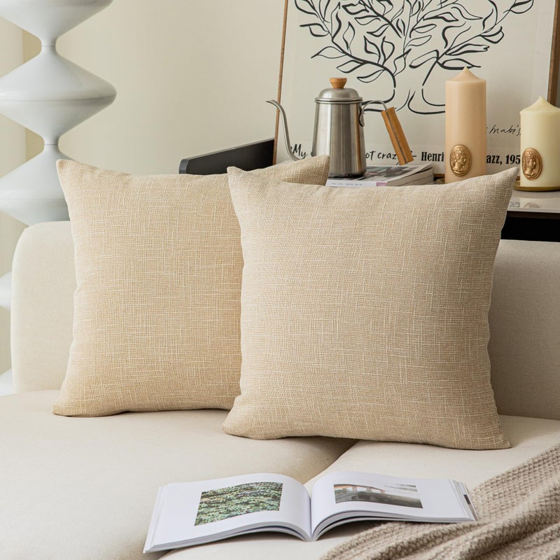 K KEVIN TEXTILE Kevin Textile Textural Faux Linen Throw Pillow Covers Shams for Couch  Farmhouse Cushion Case Invisible Zipper  18 x 18-Inch (2 Pcs  Cream Beige)  - Image 1