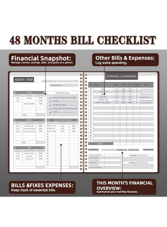 Kamoy Undated Monthly Bill Payment - 48-Month Undated Financial Organizer with Income Tracker, Savings & Debt Management, Yearly Goals, Expense Tracking 8.7×10.6 In, Brown - Image 4