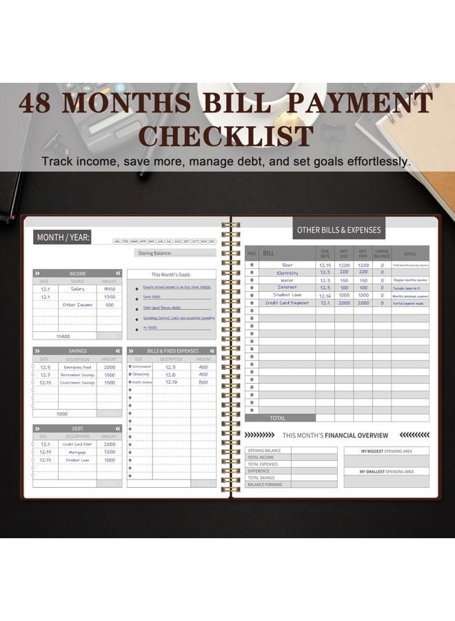 Kamoy Undated Monthly Bill Payment - 48-Month Undated Financial Organizer with Income Tracker, Savings & Debt Management, Yearly Goals, Expense Tracking 8.7×10.6 In, Brown - Image 3