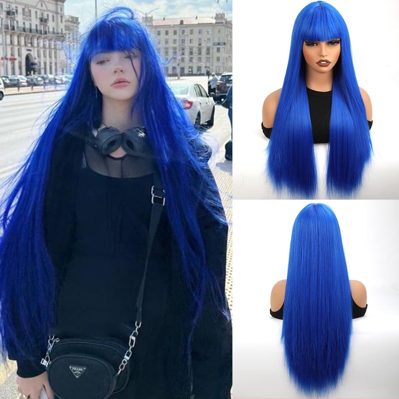 forfeels Long Blue Wig Straight Synthetic Wigs For Women 28 Inch Synthetic Wig With Bangs Natural Looking Synthetic Hair Heat Resistant Fiber Wigs for Daily Party Use