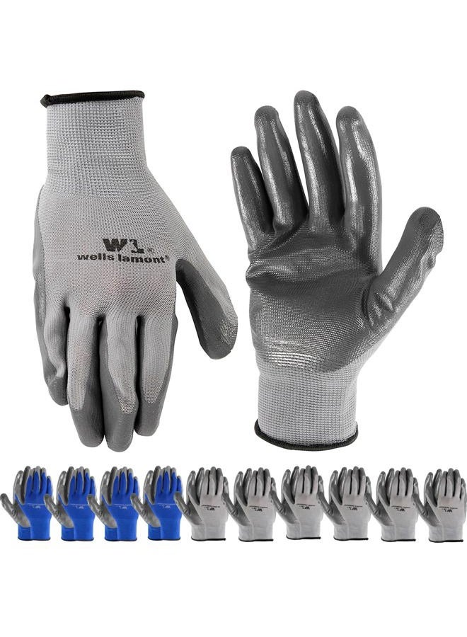 Wells Lamont 10-Pair Pack Nitrile Work Gloves | Lightweight, Abrasion Resistant, Blue/Grey | Large (580LU) - Image 1