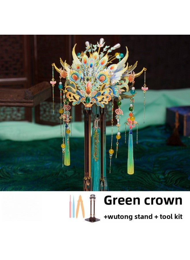 Loquat Art Mold Phoenix Crown 3D Three-dimensional Puzzle Metal Phoenix Crown And Robes Assembled Type Handmade Diy Toy Pendant Ornaments Gift-Color:Qingluan Phoenix Crown + Wutong Bracket + Tool Kit - Image 1