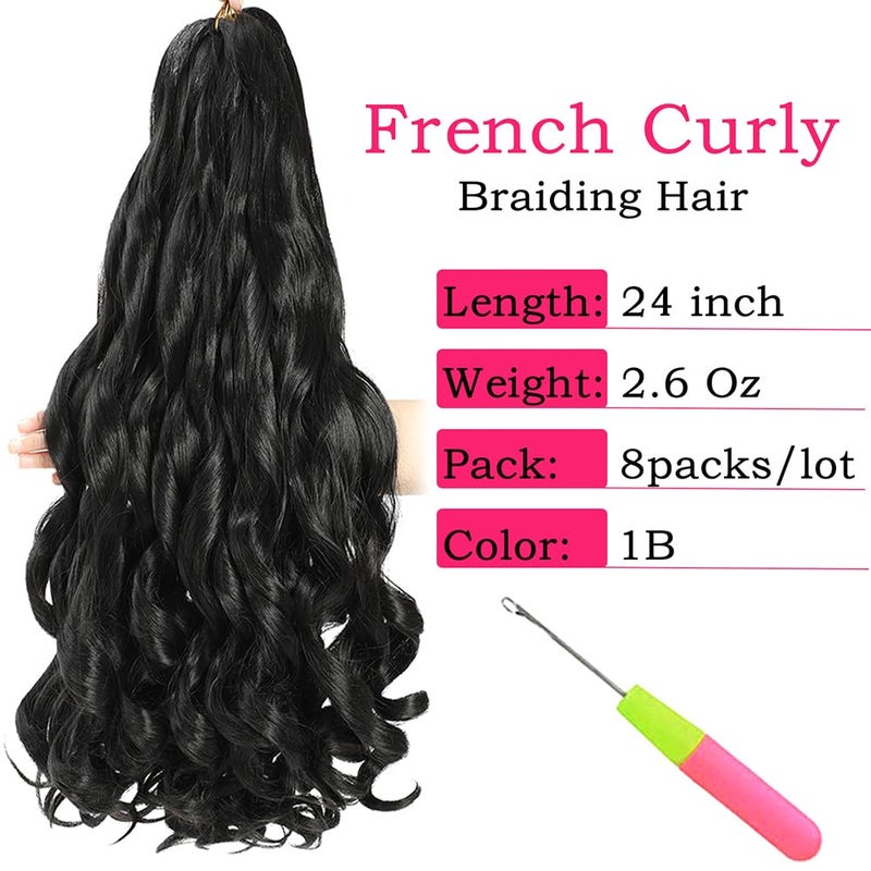 conrora French Curly Braiding Hair 24 Inch 8 Packs Black - Pre Stretched Bouncy Braiding Hair- Loose Wavy Synthetic Hair Extensions for Black Women (24 inch 8 packs, 1B) - Image 2