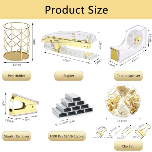 suniya Office Supplies,Gold Desk Accessories,with Stapler,Tape Dispenser,Pen Holder,Scissors,Phone Stand,Staple Remover,Ballpoint Pen,Clear Tape, Staples,Ruler,Clips,Best Gift for Business or Boss - Image 5