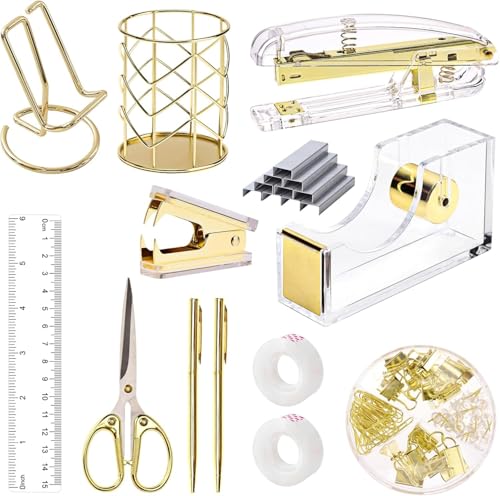 suniya Office Supplies,Gold Desk Accessories,with Stapler,Tape Dispenser,Pen Holder,Scissors,Phone Stand,Staple Remover,Ballpoint Pen,Clear Tape, Staples,Ruler,Clips,Best Gift for Business or Boss - Image 1