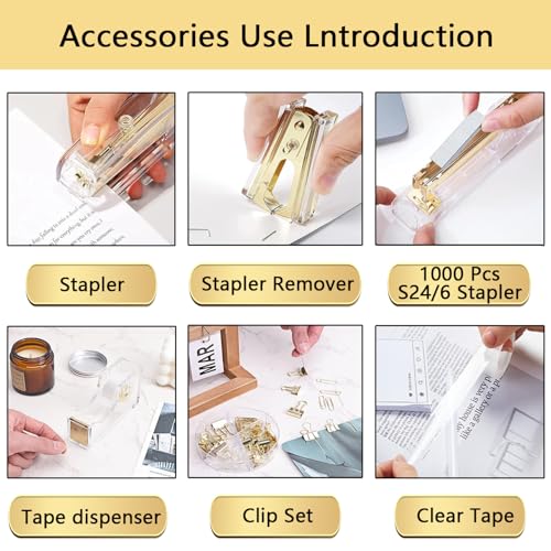 suniya Office Supplies,Gold Desk Accessories,with Stapler,Tape Dispenser,Pen Holder,Scissors,Phone Stand,Staple Remover,Ballpoint Pen,Clear Tape, Staples,Ruler,Clips,Best Gift for Business or Boss - Image 2
