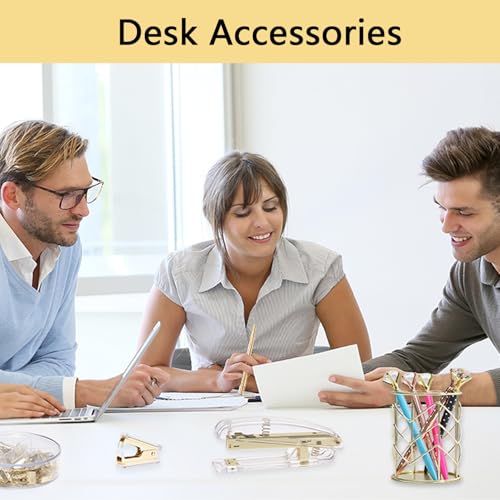 suniya Office Supplies,Gold Desk Accessories,with Stapler,Tape Dispenser,Pen Holder,Scissors,Phone Stand,Staple Remover,Ballpoint Pen,Clear Tape, Staples,Ruler,Clips,Best Gift for Business or Boss - Image 4