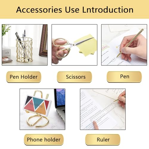 suniya Office Supplies,Gold Desk Accessories,with Stapler,Tape Dispenser,Pen Holder,Scissors,Phone Stand,Staple Remover,Ballpoint Pen,Clear Tape, Staples,Ruler,Clips,Best Gift for Business or Boss - Image 3