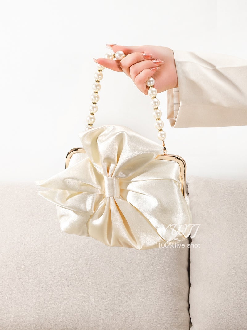 French Style Sweet Retro Style Bow Satin High-End Pearl Handbag Wedding Women'S Evening Bag - Image 2
