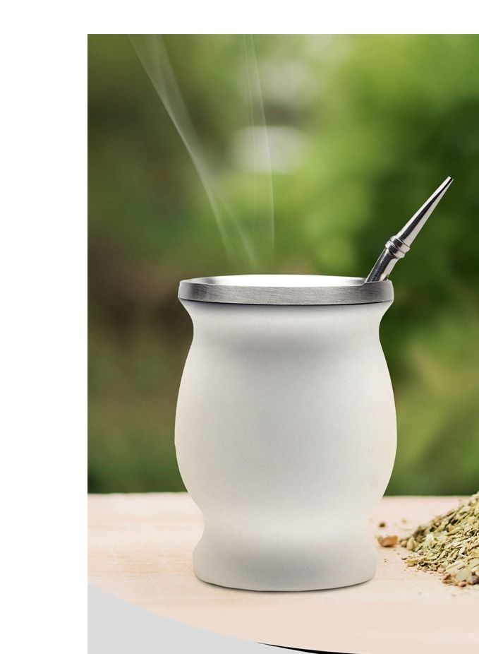 Excefore Yerba Mate Tea Cup 230ml White Color Stainless Steel Double Walled Easy Wash Household Insulation Cup for Yerba Mate Loose Leaf Drinking with Bombilla Straw  - Image 1