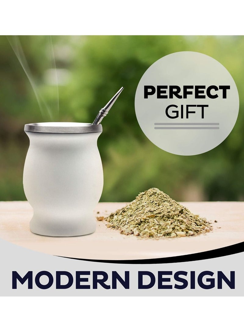 Excefore Yerba Mate Tea Cup 230ml White Color Stainless Steel Double Walled Easy Wash Household Insulation Cup for Yerba Mate Loose Leaf Drinking with Bombilla Straw  - Image 4