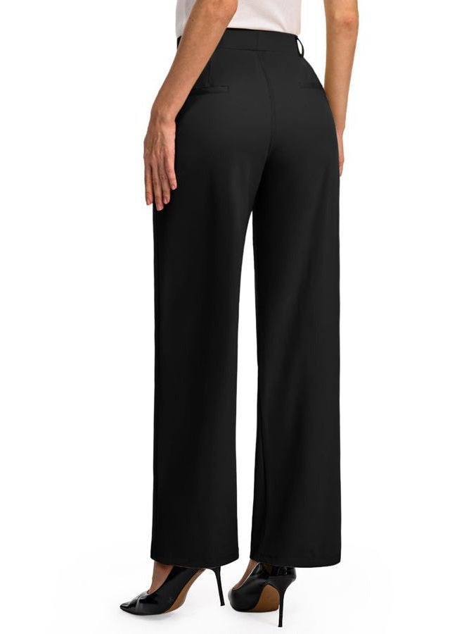 Feiersi Womens Dress Pants Wide Leg Stretchy Work Pants High Waisted Pull On Casual Trousers with Pockets, 01 Black, M - Image 2