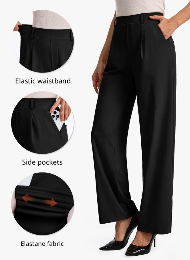 Feiersi Womens Dress Pants Wide Leg Stretchy Work Pants High Waisted Pull On Casual Trousers with Pockets, 01 Black, M - Image 3