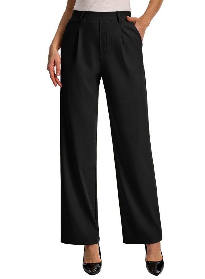 Feiersi Womens Dress Pants Wide Leg Stretchy Work Pants High Waisted Pull On Casual Trousers with Pockets, 01 Black, M - Image 1