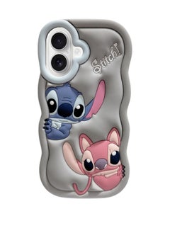 Generic 3D Cute Microfiber Silicone Case for iPhone 16 Plus (Cartoon Stitch) (Gray) 