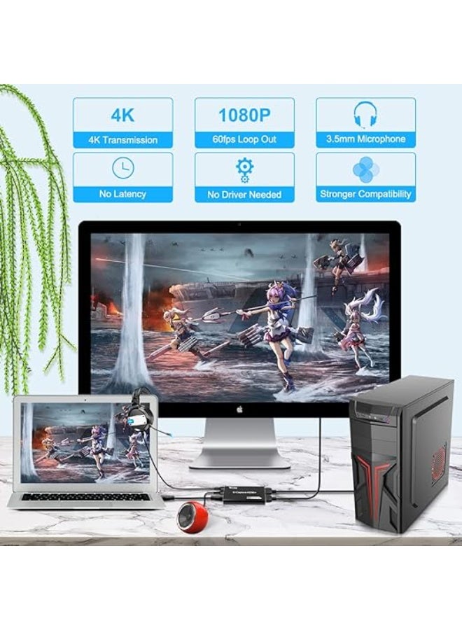 4K HDMI Capture Card with Loop-Out & Mic Support | USB 3.0 Video Capture 1080P for Gaming, Live Streaming & Recordingالكارت ده بيديك تجربة احترافية في البث والتسجيل، لأنه بيدعم عرض الصورة على شاشة تانية وفي نفس الوقت تسجل بدون تأخير. كمان فيه دعم للمايك علشان الصوت يكون واضح أثناء البث. مناسب جدًا للجيمرز وصناع المحتوى، وسهل الاستخدام بدون إعدادات معقدة. هيساعدك تقدم محتوى بجودة أعلى وبشكل أسهل. - Image 4