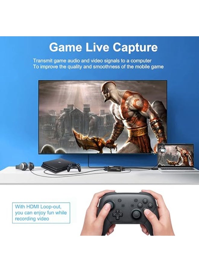 4K HDMI Capture Card with Loop-Out & Mic Support | USB 3.0 Video Capture 1080P for Gaming, Live Streaming & Recordingالكارت ده بيديك تجربة احترافية في البث والتسجيل، لأنه بيدعم عرض الصورة على شاشة تانية وفي نفس الوقت تسجل بدون تأخير. كمان فيه دعم للمايك علشان الصوت يكون واضح أثناء البث. مناسب جدًا للجيمرز وصناع المحتوى، وسهل الاستخدام بدون إعدادات معقدة. هيساعدك تقدم محتوى بجودة أعلى وبشكل أسهل. - Image 5
