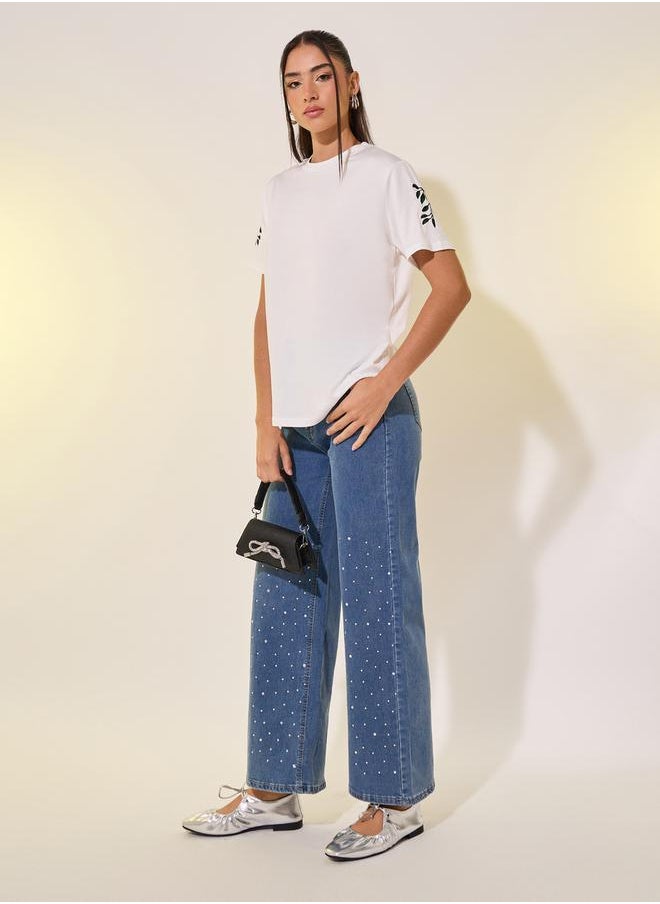 Take Two Round Neck Embroidered Sleeve Detail T-Shirt  - Image 2