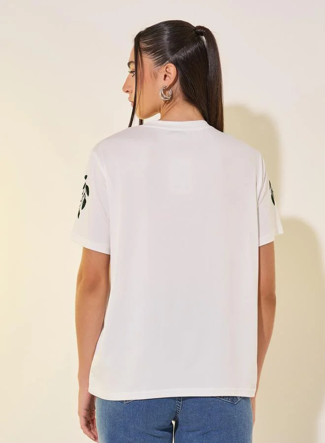 Take Two Round Neck Embroidered Sleeve Detail T-Shirt