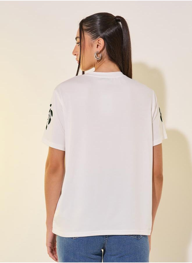 Take Two Round Neck Embroidered Sleeve Detail T-Shirt  - Image 4