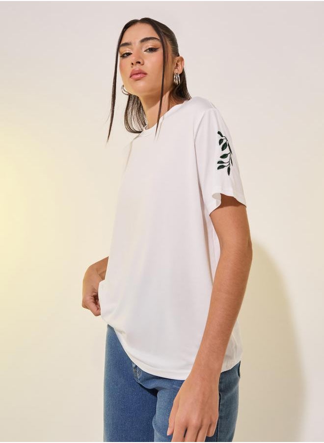Take Two Round Neck Embroidered Sleeve Detail T-Shirt  - Image 1