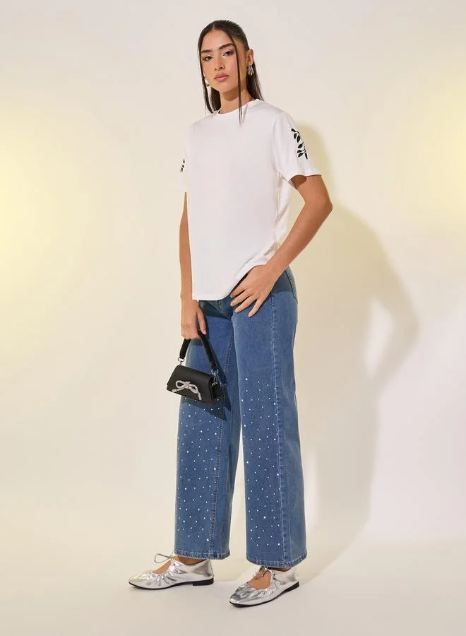 Take Two Round Neck Embroidered Sleeve Detail T-Shirt