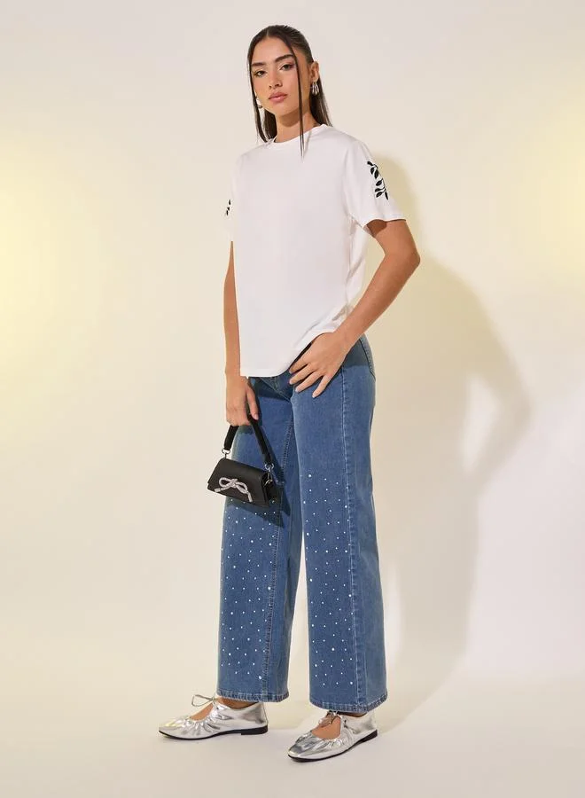 Take Two Round Neck Embroidered Sleeve Detail T-Shirt