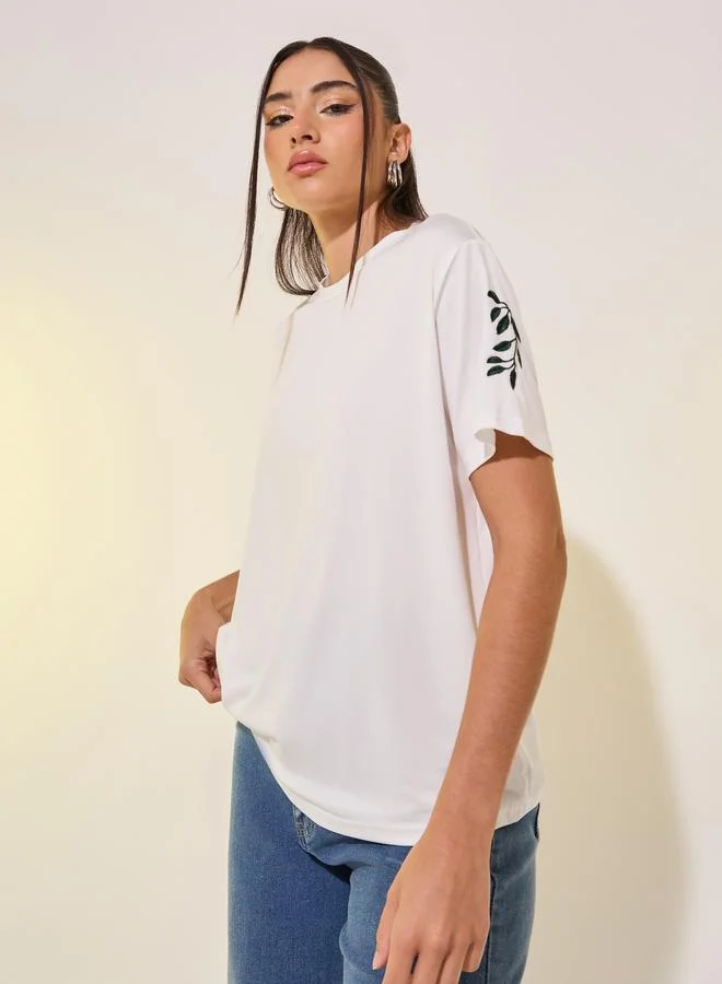 Take Two Round Neck Embroidered Sleeve Detail T-Shirt