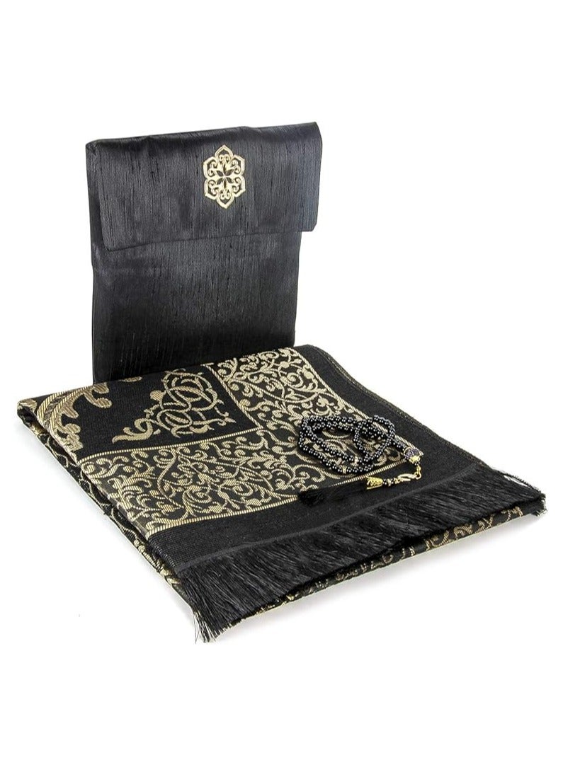 Muslim Prayer Rug and Beads with Elegant Slub Fabric Bag | Janamaz | Sajadah | Soft Islamic Prayer Rug | Islamic Gifts | Prayer Carpet Mat, Taffeta Fabric, Black - Image 1